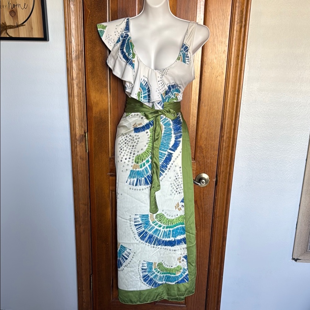 Women's Ruffled Off-Shoulder one Piece swimsuit - Green and Blue with pareo